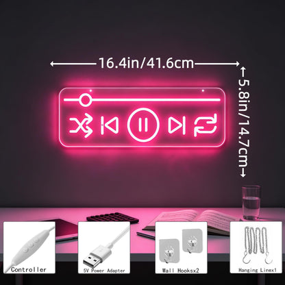 Music Player Neon Sign Bedroom Studio Bar Record Store Decor‑16.4"x5.8" (Media Player Full)