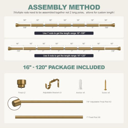 Warm Gold Curtain Rods for Windows 66 to 120 with Adjustable Brackets Heavy Duty 1" Diameter Brass Window Treatment Rod with Solid Metal Finials for Outdoor Bedroom Kitchen Living Room (Warm Gold / 16"-120"|1 Pack)