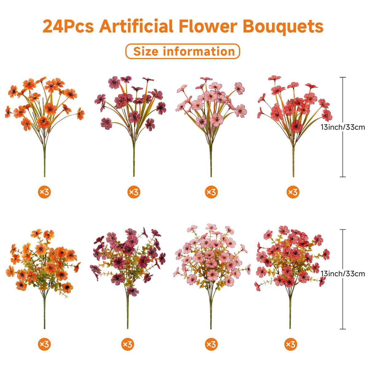 24 Bundles Artificial Fall Flowers (Orange Brown Red Pink)