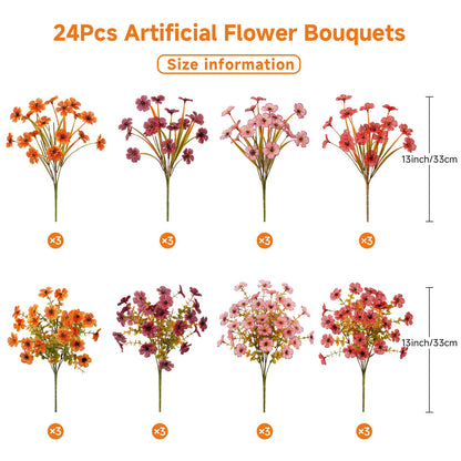 24 Bundles Artificial Fall Flowers (Orange Brown Red Pink)