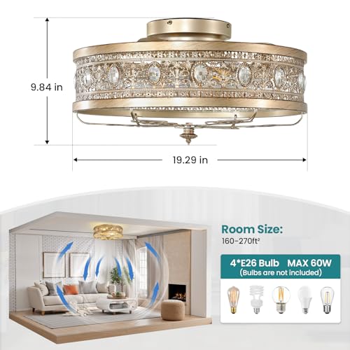 Caged Ceiling Fan with Lights 19" Gold Vintage Rustic Crystal Fandelier Farmhouse Ceiling Fan with Remote Low Profile Bladeless Chandelier Fan Light Fixture for Bedroom Kitchen Living Room (Gold / Flush Mount)