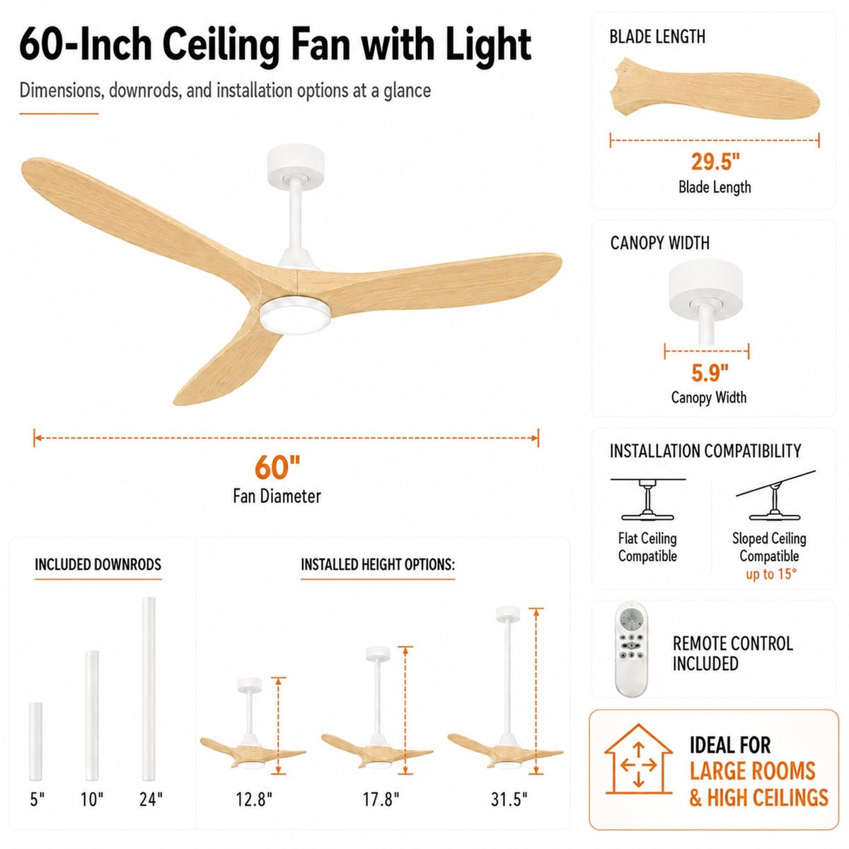 60" Ceiling Fan with Light (White/Light Oak / 60 Inches)