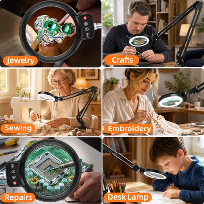 12X 30X Large Magnifying Glass with Light and Clamp