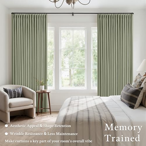 Sage Green Pinch Pleated 100% Blackout Linen Bedroom 90 Inch Curtains (Sage Green / 50"W x 90"L (Pack of 2))