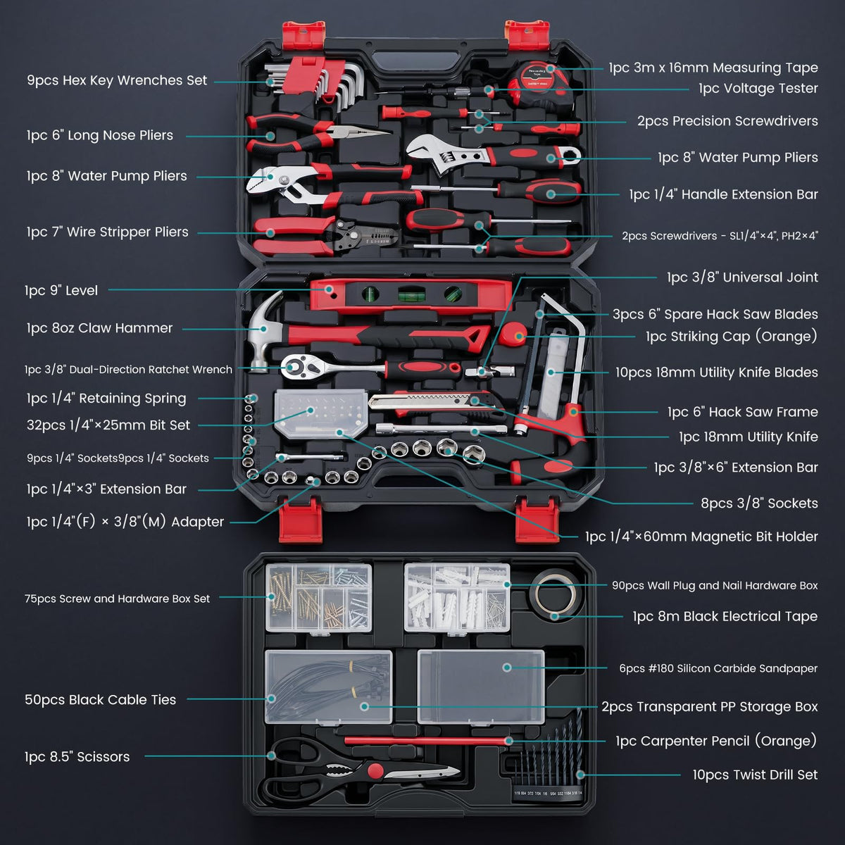 330 Piece Home Repair Tool Kit with Pull (Black Red / 15.7)