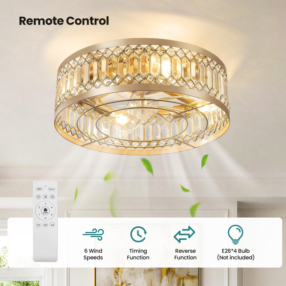 Caged Ceiling Fan with Lights 20" Crystal Gold Fandelier Low Profile Ceiling Fan with Remote Flush Mount Enclosed Bladeless Chandelier Fan Light for Bedroom Kitchen Living Room (Gold B)