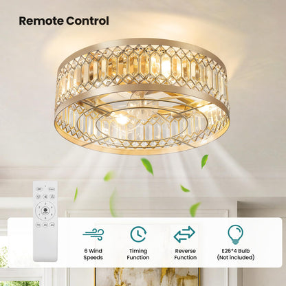 Caged Ceiling Fan with Lights 20" Crystal Gold Fandelier Low Profile Ceiling Fan with Remote Flush Mount Enclosed Bladeless Chandelier Fan Light for Bedroom Kitchen Living Room (Gold B)