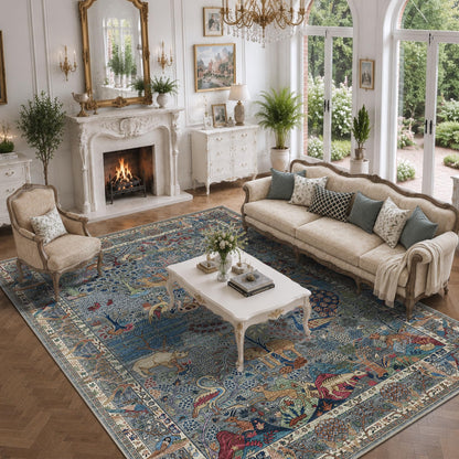 9x12 Large Area Rug Vintage Animals Floral Print Indoor Carpet (Dusty Blue/Multi / 9' x 12' (Rectangular))
