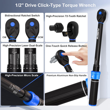 1/2-Inch Drive Torque Wrench Set, 10-170 ft-lb Dual Scale (1/2" 10-170 FT.LB - 22 Pcs)