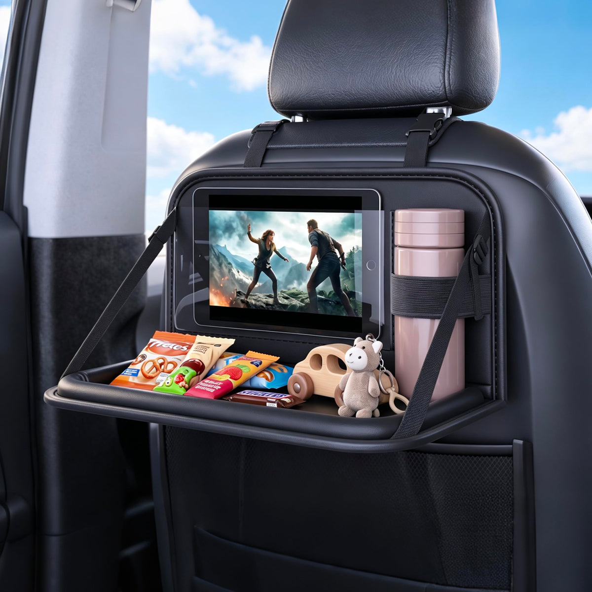 Backseat Car Organizer with Foldable Tray & Tablet Holder (black)