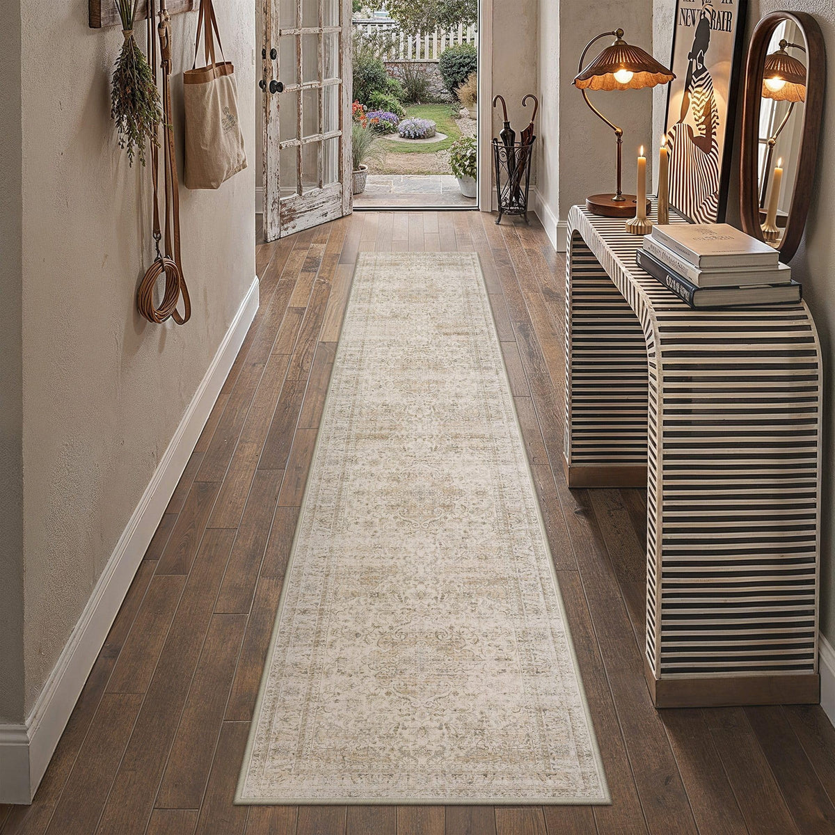 2.6'x10' Washable Runner Rug Beige Vintage Rug for Hallway (Light Beige / 2'7" x 10' (Runner))