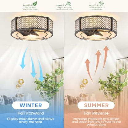 Boho Low Profile Flush Mount Fandelier Ceiling Fan with Light and Remote