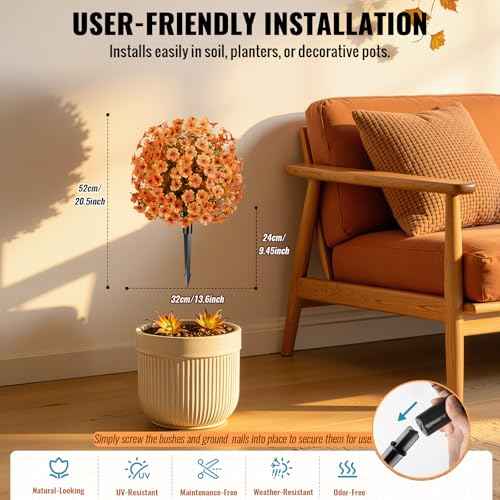 2Pcs Artificial Fall Ball Flowers for Outdoors Decor (Autumn Orange)