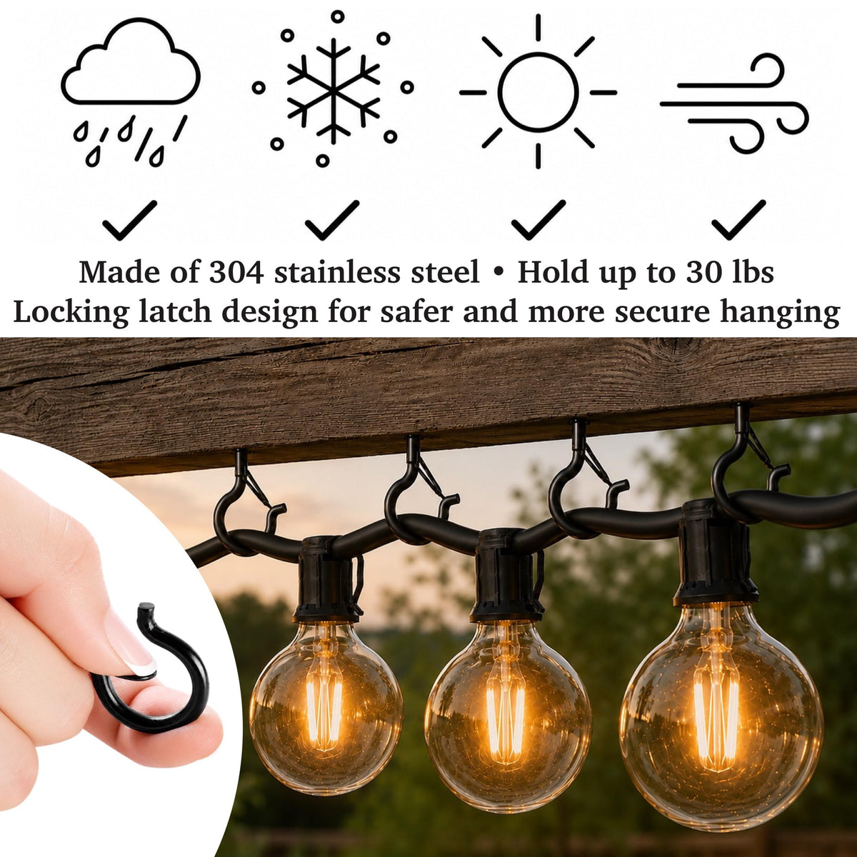 304 Stainless Steel 2 Inch Screw Eye Hooks with Driver Bit (Black / 24 PCS)
