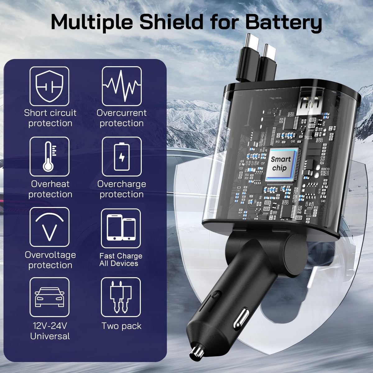 2 Pack] Retractable Car Charger 4 in 1 Fast Car Phone Charger 69W (2 Pack C + C Retractable Cords)
