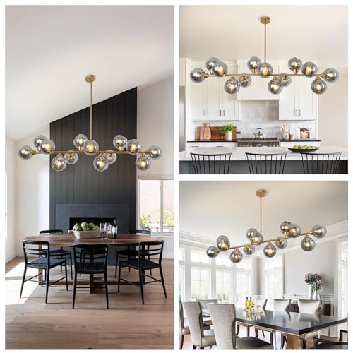 Gold Linear Chandelier 59 Inch Extra Large Sputnik Pendant Light (13 Lights Smoke Gray and Gold)