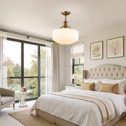 Vintage Brass Milk Glass Pendant Light Fixture