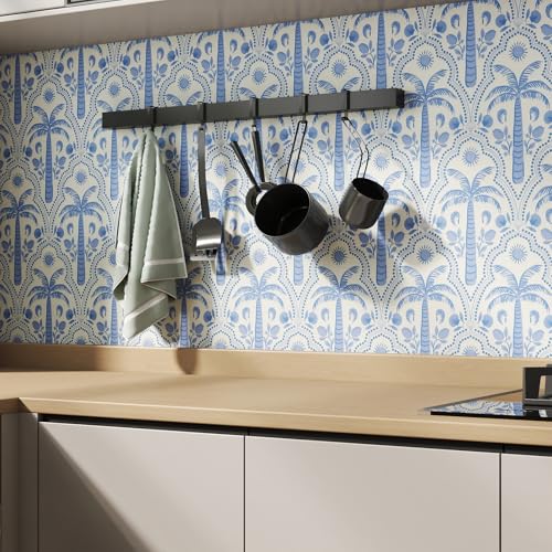 17.7"x78.7" Tropical Peel and Stick Wallpaper Blue Coastal Palm Tree Seashells Shrimp Ocean Pattern Wall Paper for Bedroom Bathroom Playroom Removable Self (Blue / 17.7" x 78.7")