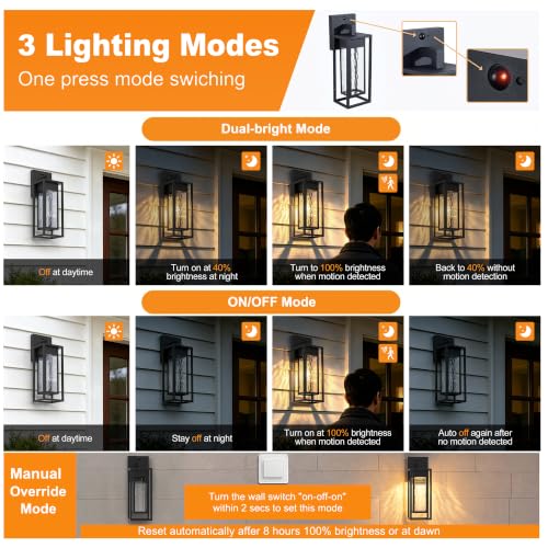 Upgraded LED Motion Sensor Outdoor Wall Lantern 2 Pack (Black(Motion Sensor))