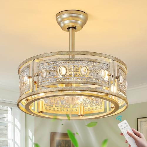 Farmhouse Fandelier Ceiling Fan with Lights 19 Inch Gold Rustic Vintage Crystal Ceiling Fan Antique Fandelier Semi Flush Mount Bladeless Chandelier Fan for Bedroom Living Room Dining Room (Gold / Downrod)