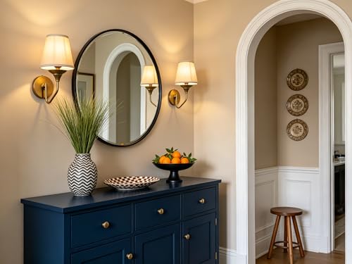 Set of 2 Antique Brass Pipe Curved Stem Funnel Fabric Lampshade Wall Sconce