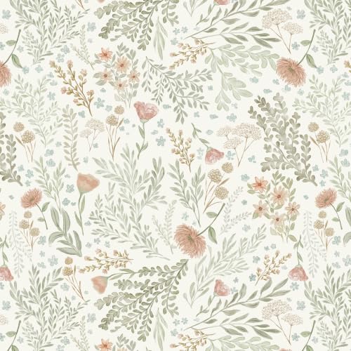 Sage Green Leaf Peel and Stick Wallpaper Beige Wildflower