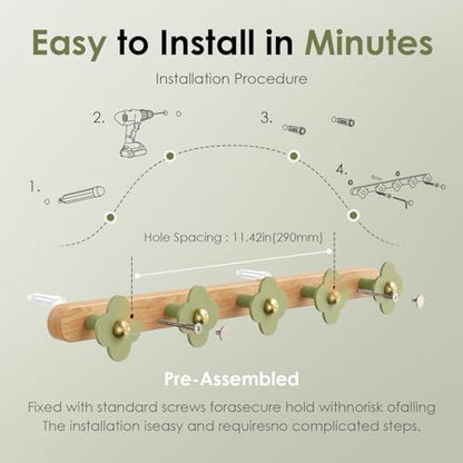 Upgreded Heavy Duty Coat Rack Wall Mount for Entryway (Green / 5 Hooks)