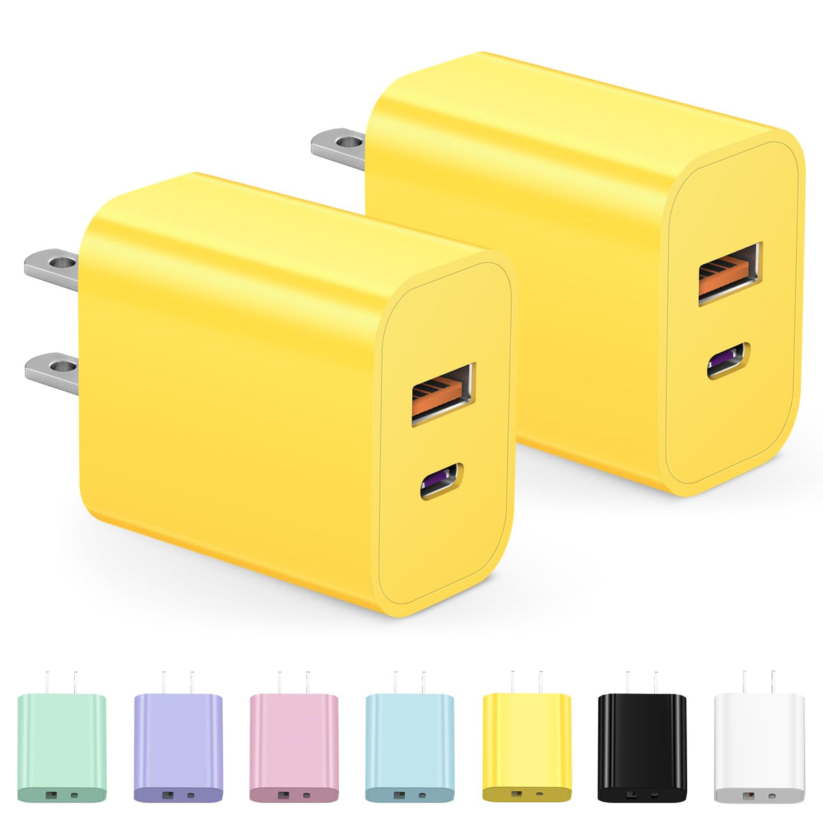 USB C Charger Block Fast Charging Block Type C Charger Multiport Adapter (Yellow / 20W2Pack)