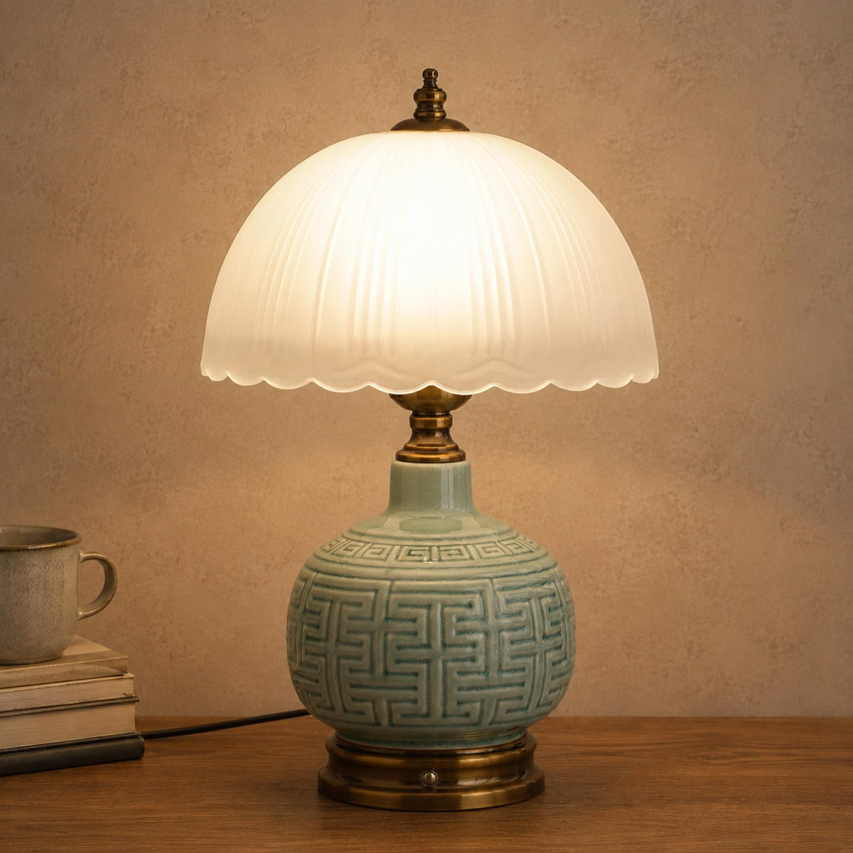 16" Vintage Green Ceramic Table Lamp (Green Ceramic + White Shade（Chinese）)