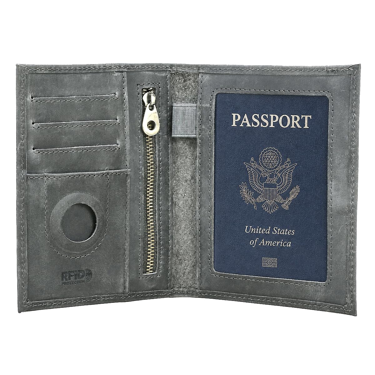 CONTACTS Full Grain Leather Rfid Passport Wallet for Airtag Passport Holder (Gray / Plain- Classic)