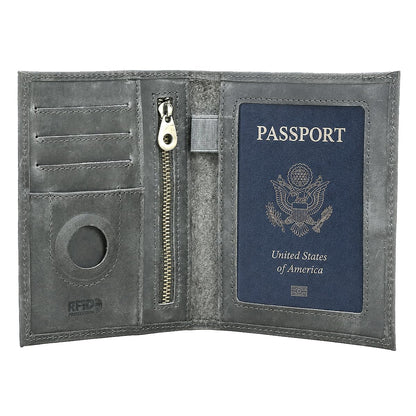 CONTACTS Full Grain Leather Rfid Passport Wallet for Airtag Passport Holder (Gray / Plain- Classic)