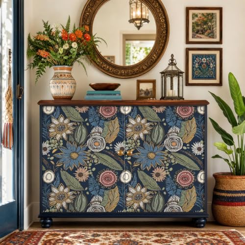 Vintage Dark Blue Boho Floral Peel and Stick Wallpaper 17.4"x393.5" (Blue with Pink / 17.4" x 393.5")