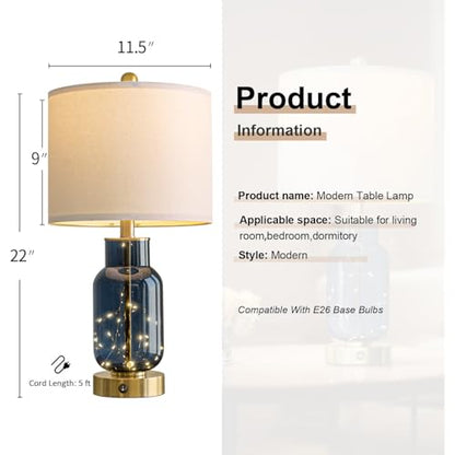 Glass Table Lamps Set of 2 with Nightlight for Bedroom