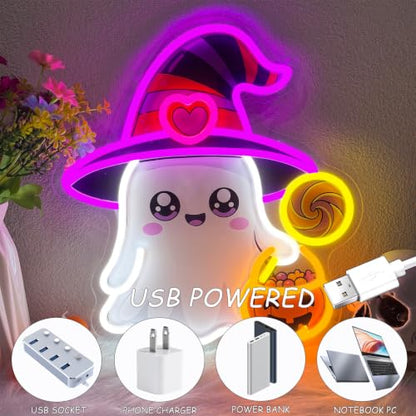 Halloween Ghost Neon Sign Dimmable Cute Witch Hat Ghost Led Neon Light (Colorful-Witch)