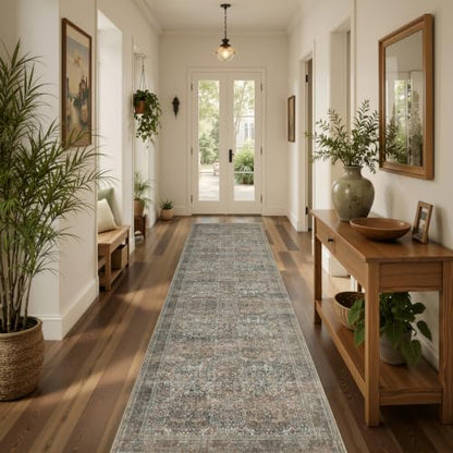 Runner Rug 2x8 Washable Vintage Floral Rug (Vintage Brown / 2' x 8' (Rectangular))