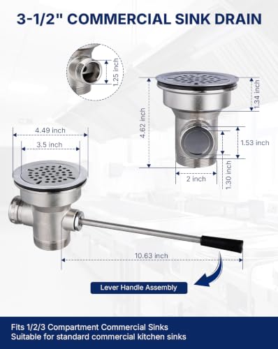 3-1/2" Commercial Sink Drain with Twist Handle, Brass Waste Drain Valve Stopper with Overflow Inlet, Anti-Clog & Leakproof for Restaurant 1/2/3 Compartment Sink