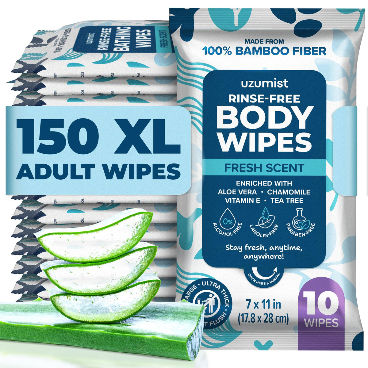 Bath Body Wipes For Adults Bathing No Rinse (150 Pack)