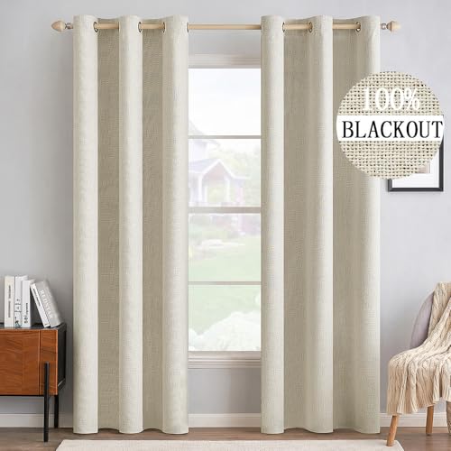100% Blackout Linen Curtains for Bedroom 42x84 Inches Butter Cream (Butter Cream / 42"W x 84"L (Pack of 2))