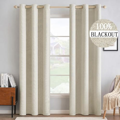 100% Blackout Linen Curtains for Bedroom 42x84 Inches Butter Cream (Butter Cream / 42"W x 84"L (Pack of 2))