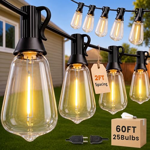 60FT(50+10) String Lights Outdoor, 2FT Bulb Spacing, Waterproof Shatterproof Warm White ST38 LED Edison Bulbs, Extension Cord, Plug in Connectable Hanging Patio Lights for Outside, Backyard (50+10FT(25 Sockets))