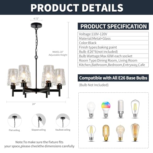Chandelier Industrial Hanging Light Fixture with Stone Texture Glass Shades