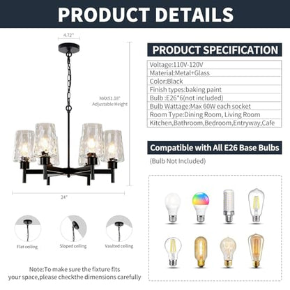 Chandelier Industrial Hanging Light Fixture with Stone Texture Glass Shades