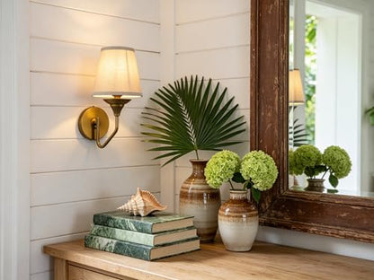 Set of 2 Antique Brass Pipe Curved Stem Funnel Fabric Lampshade Wall Sconce
