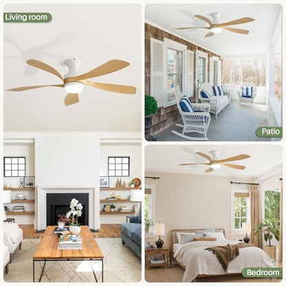 52 Inch Low Profile Ceiling Fans with Lights and Remote (White+Wood / 52 inch)