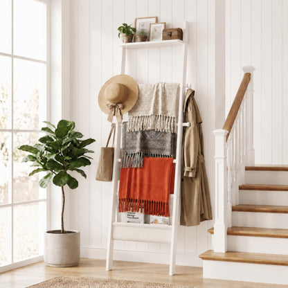 71" 4-in-1 Blanket Ladder for Living Room, 5-Tier Leaning Bamboo Decorative Towel & Quilt Rack with Magazine Leather Pocket, 4 Detachable Hanging Bars, Space-Saving Shelf for Bedroom (White) (White)