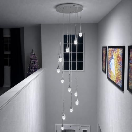 Crystal Chandelier for High Ceiling Foyer Entryway Living Room Staircase Adjustable Height LED Dimmable 2700