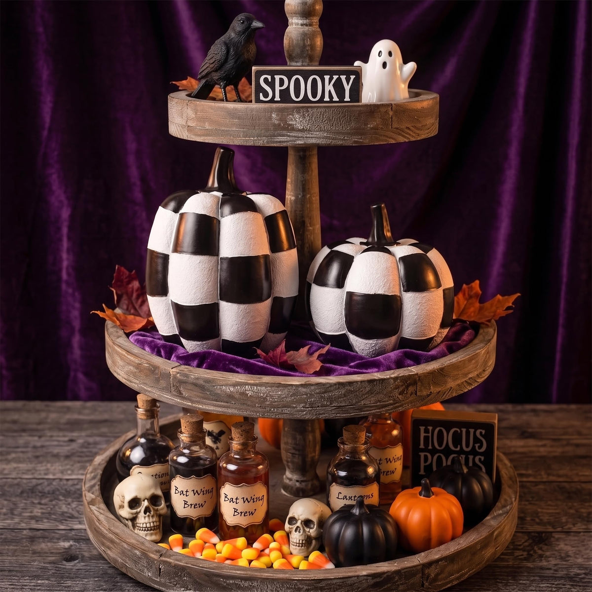 Black and White Checkered Pumpkins for Halloween Decoration Indoor (Black and White-2pcs / Resin)