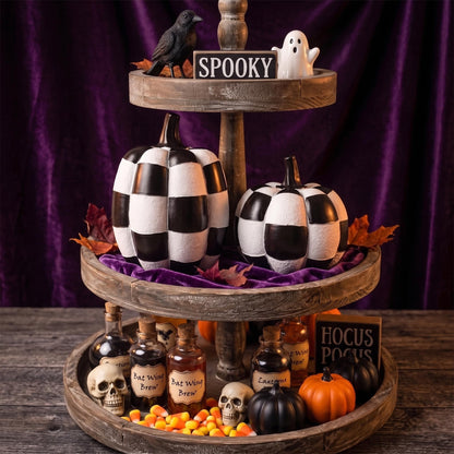 Black and White Checkered Pumpkins for Halloween Decoration Indoor (Black and White-2pcs / Resin)