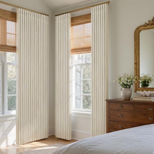 Beige Cream Linen Blackout 96 Inch Curtains for Living Room 2 Panels Set Pinch Pleated Back Tab Drapes Farmhouse Thermal Insulated Full Black Out Curtains 96 Length High Ceiling to Floor 50 Inch Wide (Cream Beige / 50"W x 96"L (Pack of 2))