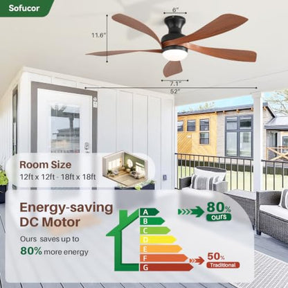 52 Inch Smart Ceiling Fans with Lights and Remote (Black+Brown / 52inch Max)